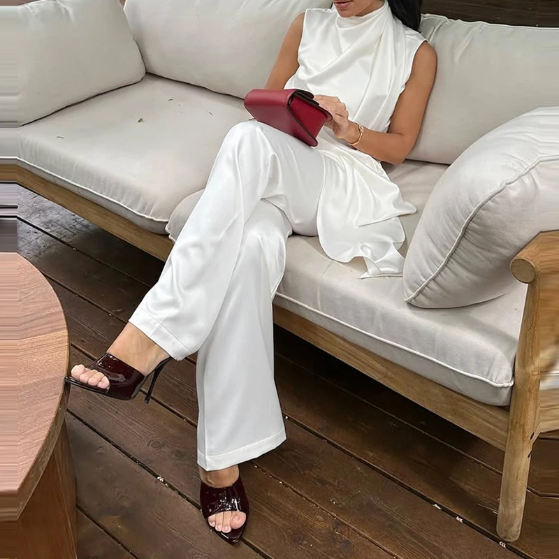 

Summer Beach Vacation Two Piece Sets Lady Casual Loose Commute Outfits White Turtleneck Sleeveless Irregular Vest And Pants Sets