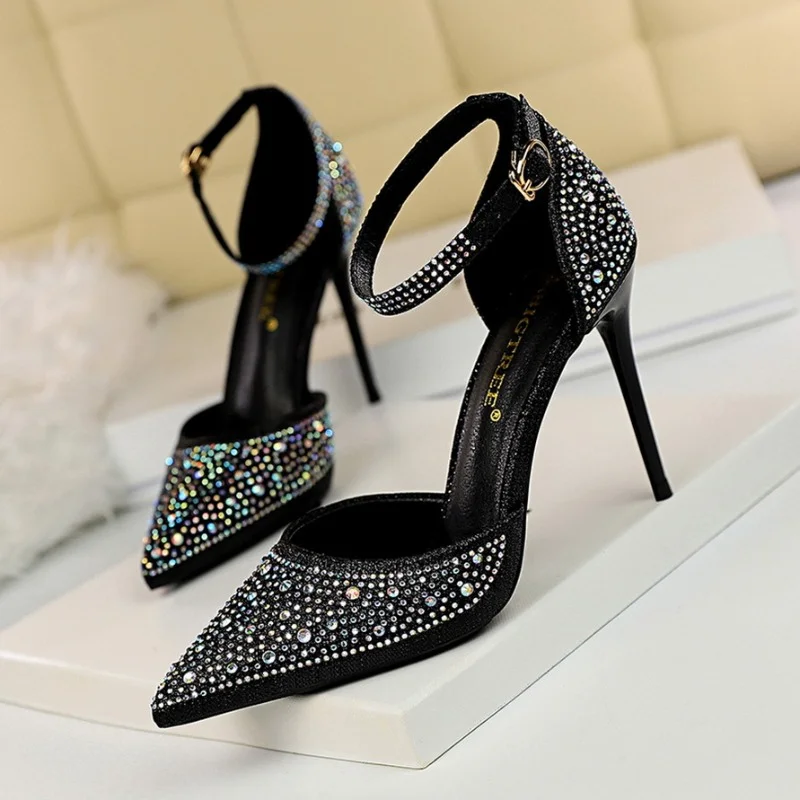 

2026 New 10cm Spring And Summer Fashion Thin High Heels Pointed Toe Glitter Gold Sandals Women Party Dress Shoes For Ladies