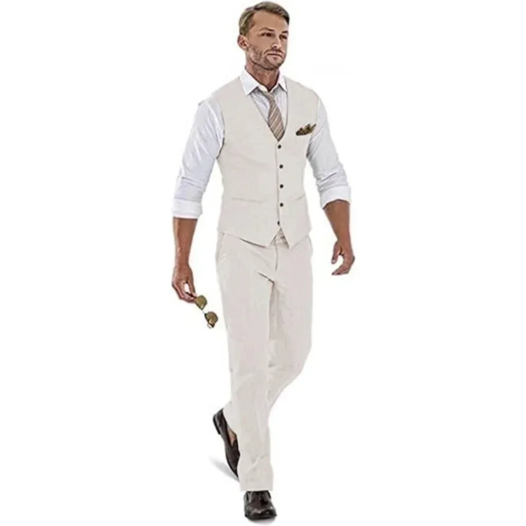 

Men's Slim Fit Linen Suit 2 Piece Wedding Tuxedo Set Groomsmen Blazer And Pant Casual Summer Beach Prom Party Clothing