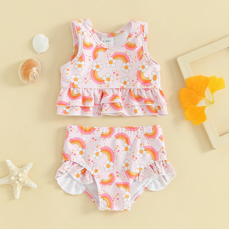 

Fashion Summer Newborn Baby Girls Swimwear Bikini Sets Ruffles Layered Tanks Tops Ruffle Shorts Hat Casual Swimsuits Outfits