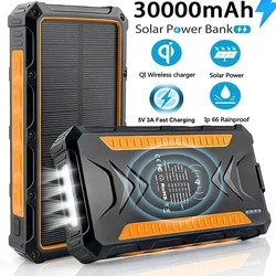 30000mAh Waterproof Solar Power Bank Qi Wireless Charger Powerbank for IPhone 13 Samsung S22 Xiaomi Poverbank with Camping Light