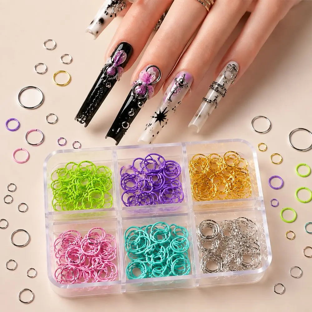 6 Grids Nail Decoration Charms Kit Metal Open Jump Rings Hollow Circle Punk Loop Ornaments For Nail Art Salon Handmade Project