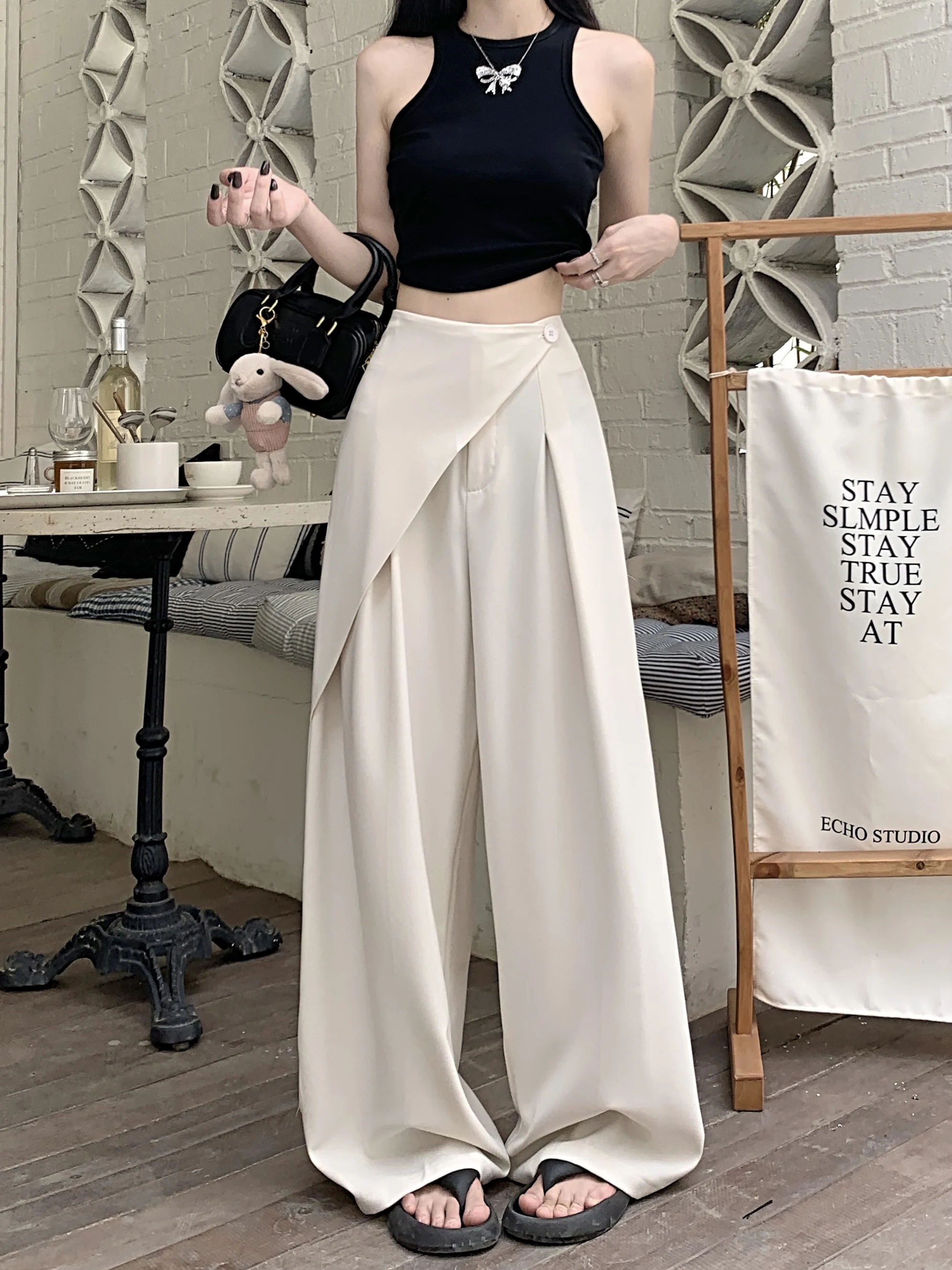 

Grey Irregular Long Pants High Waist Spliced Wide Leg New Loose Fit Trousers Women Fashion Spring Autumn 2024