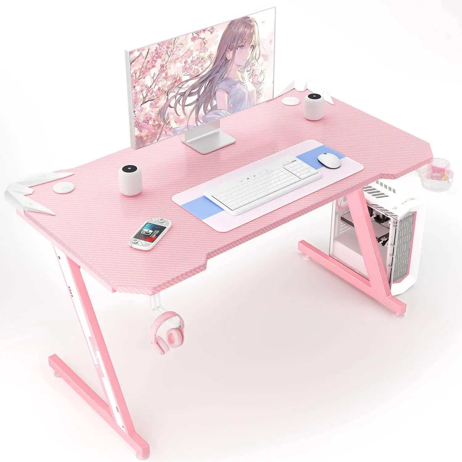 Gaming Computer Desk w/ Carbon Fiber Surface, Gaming Table Z Shaped Pc Home Office w/ Cup Holder&Headphone Hook(44 in, Pink)