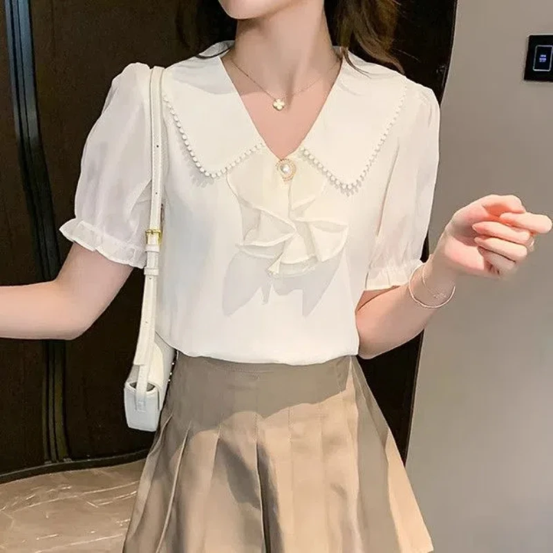 Chiffon Short Sleeve Blouse Summer Solid Color Women\'s New Ruffles Patchwork All-match Sweet Shirt Tops Fashion Elegant Clothing