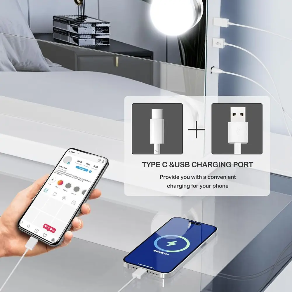 32 x 24 LED照明付きバニティミラー、18個の調整可能な電球、3つのカラーモード、タッチコントロール、メタルフレーム