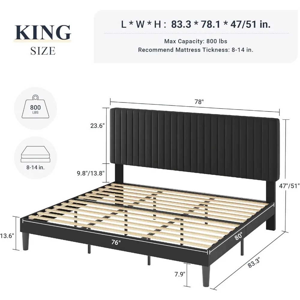 Extra large bed frame, velvet cushion, adjustable vertical channel cluster headboard, sturdy wooden strip mattress base