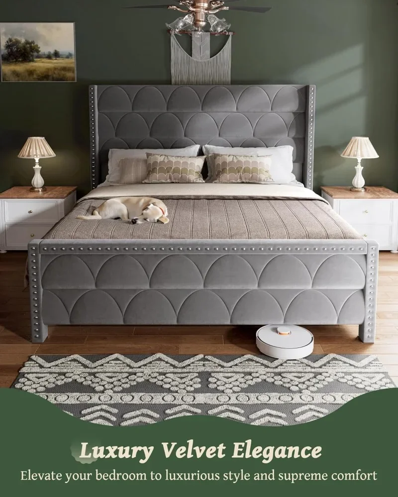 OHOHOLIVE King Size Bed Frame with 56" Headboard - Velvet Upholstered Wingback Platform Bed Frame,Noise Free,Sturdy Wooden Slat image 4