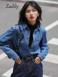 Zadily 2023 Spring Vintage Long Sleeve Women Denim Shirt Korea Style Button Up Solid Color Woman Tunic Loose Blouse Female Tops