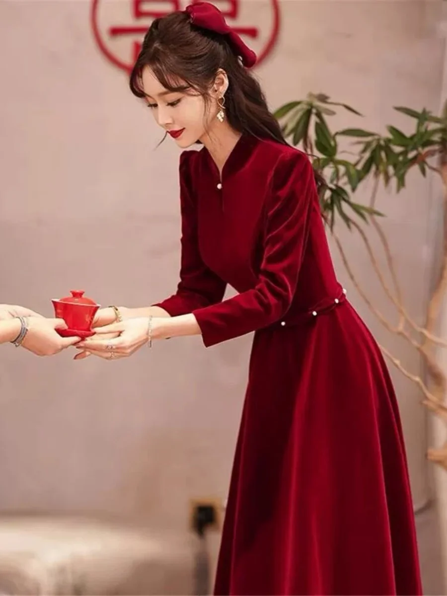 

Элегантное бархатное платье винного цвета для женщин, осенне-зимнее, для вечерних мероприятий, свадеб, помолвок, церемоний, средней длины, в корейском стиле