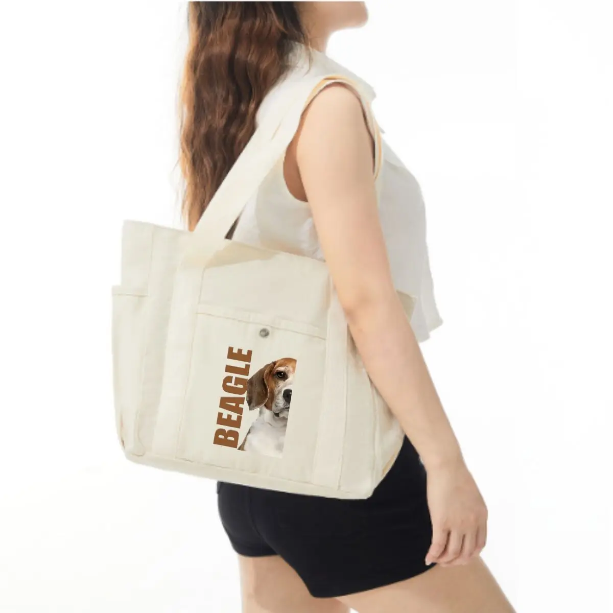 Beagle Pet Art Lightweight Multi-Pocket Canvas Shoulder Bag Shopping Date Practical Bag