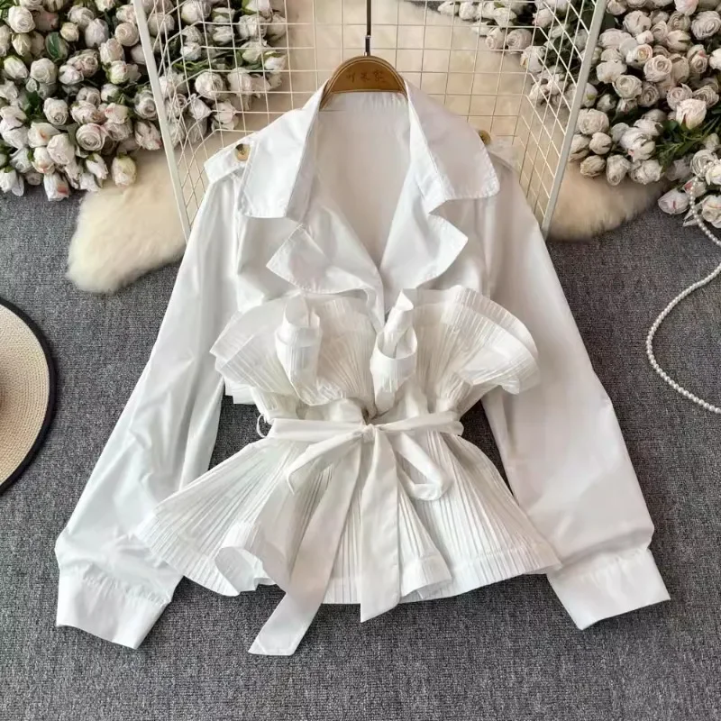 OCEANLOVE Women Shirts&blouses Ruffles Vintage Spring Autumn Notched Collar Blusas Mujer Solid Korean Fashion Sweet Camisas