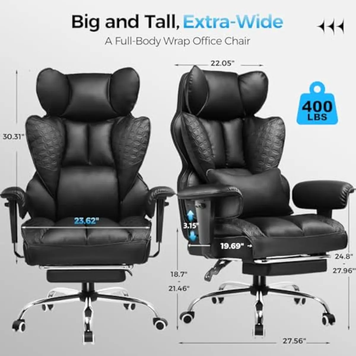 Big and Tall Ergonomic Office Chair with 400 lb Capacity • Adjustable Recline 90°–150° • Spring-Enhanced Lumbar Support • Triple