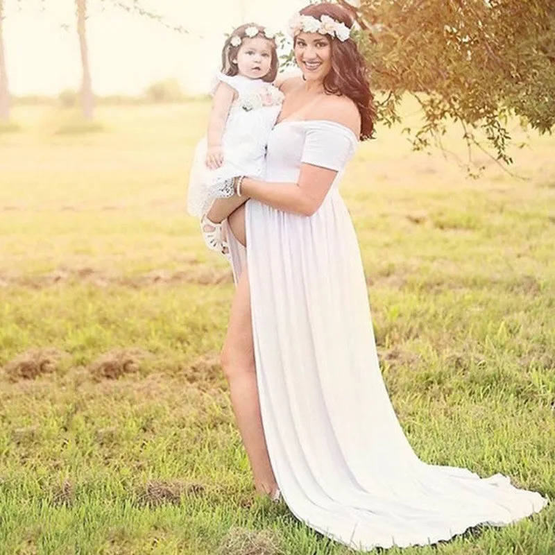 Front-Open Maternity Gown with Extra Long Sweep Train for Photography Dress Clothes for Pregnant Women