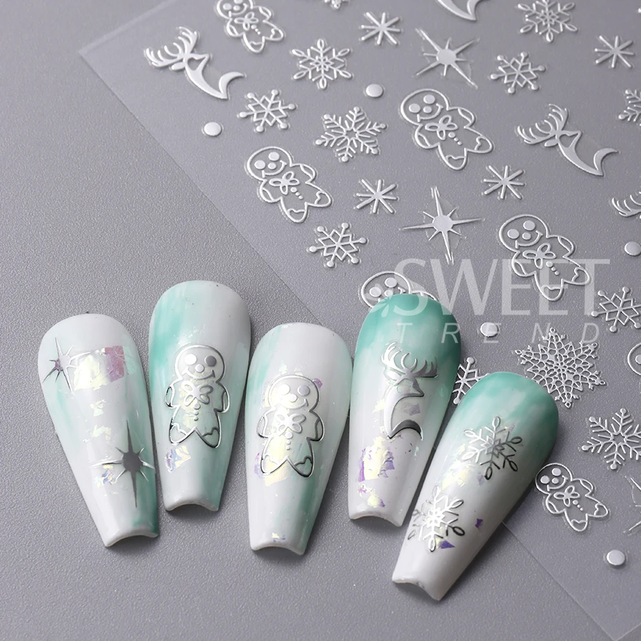 3pcs Kerst Nagelstickers Rose Goud Zilver Sneeuwvlokken Rendier Peperkoek zelfklevende Decals Manicure Decoratie Slider