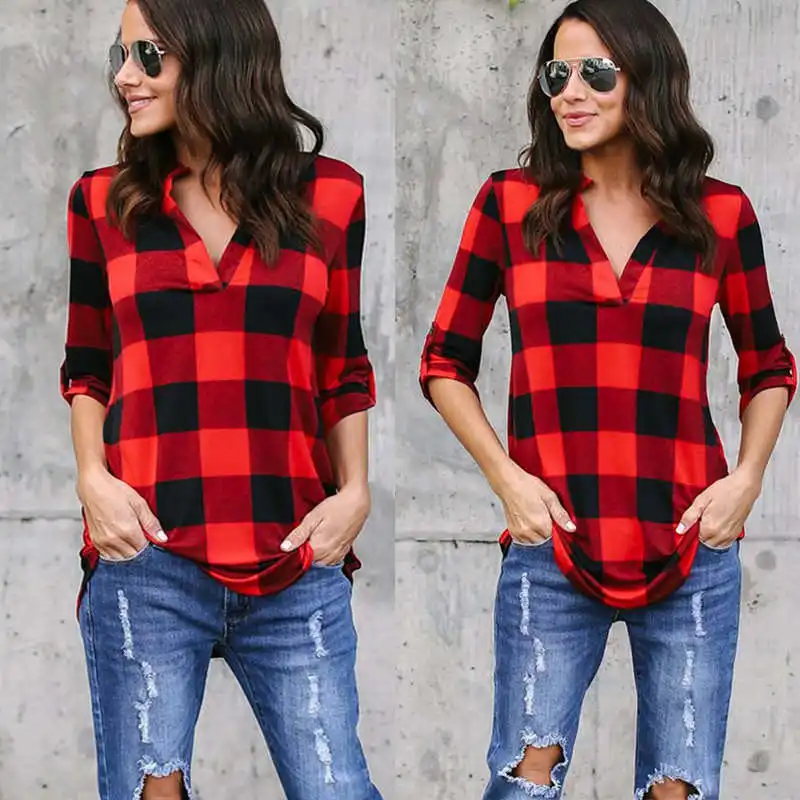 

Plaid Print V-Ne Long Sve irt Women's Casual Loose Fit Cotton Blend Button-Up irt Knot Detail Summer Thin