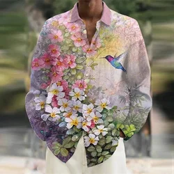 Camisas de manga larga con estampado 3D para hombre, camisa de un solo pecho, diseño de fiesta de baile callejero, flores, pájaros, 6XL, verano 2023