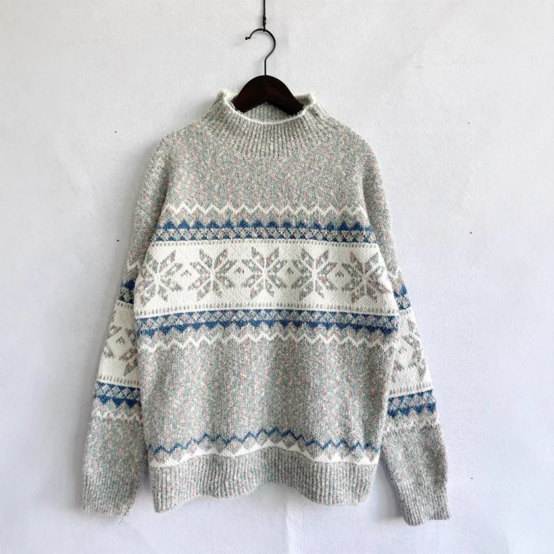 

European and American Knitted Sweater 2025 Autumn Winter New Half Turtleneck Snowflake Sweater Women's Knitted Sweater