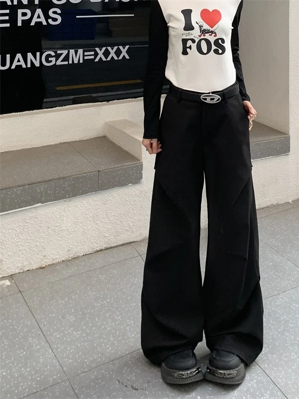 

Широкие брюки в американском ретро-стиле для женщин, прямые повседневные брюки, плиссированные длинные брюки для работы и повседневной носки