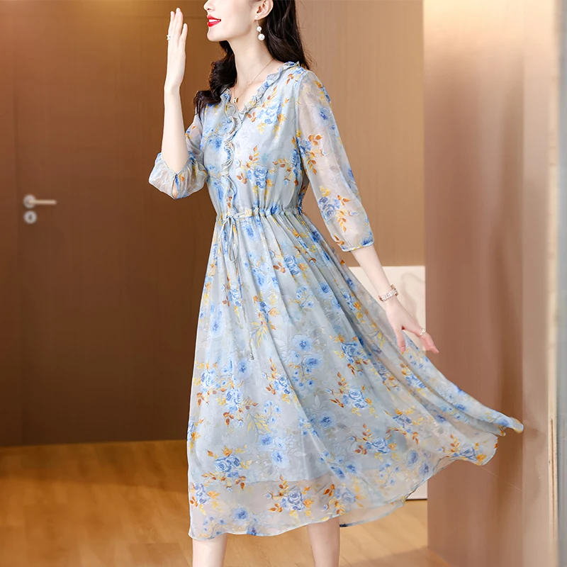 Spring/Summer Fashion Mulberry Silk Dress Women\'s French Loose Tight Fragmented Flower Skirt 2024 New Print Beach Style Vestidos