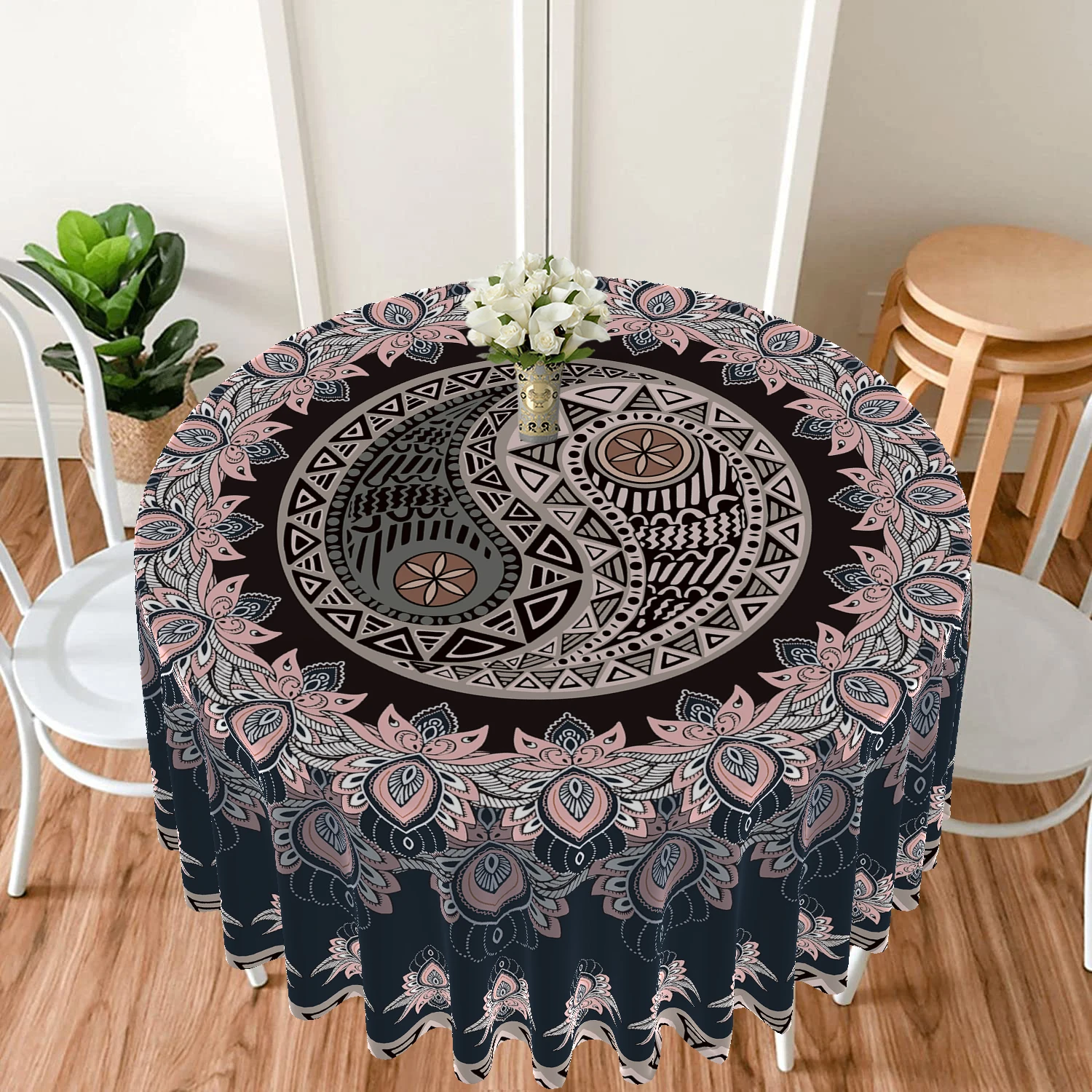 1 piece of Yin Yang Tai Chi Circular Tablecloth Waterproof Color Terrace Dining Table Cover Bohemia 63 inch Tablecloth