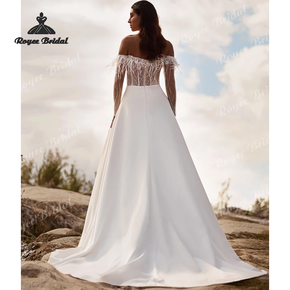 Feathers Elegant A Line Wedding Dresses 2027 Sequin Off The Shoulder Sheer Tulle Bridal Gown Customized Vestido De Novia