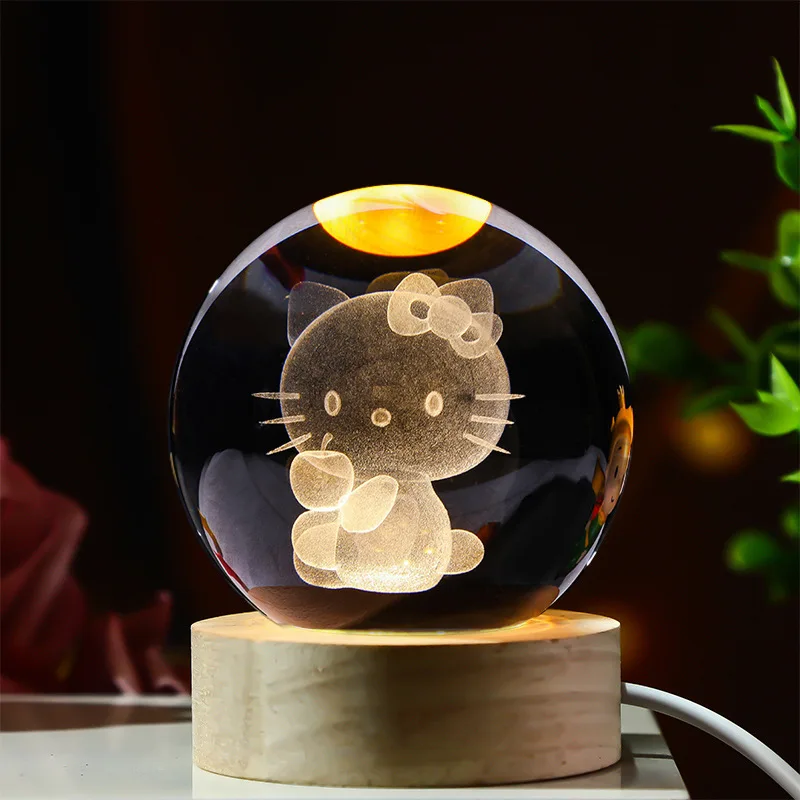 Hello Kitty Crystal Ball Night Light New Sanrio Kuromi Anime 3D Glass Ball Table Lamp Home Decor Toys Christmas Gifts Hot Sales