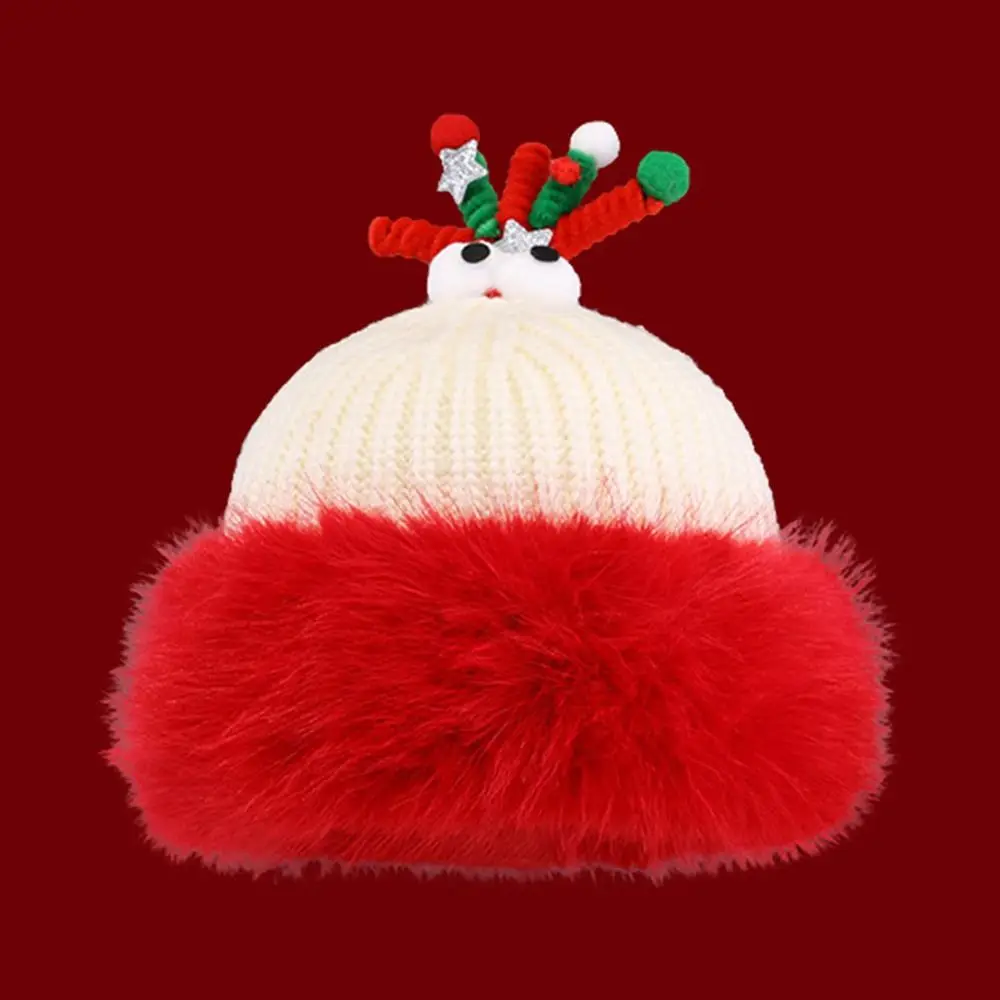 Gifts Red Antler Christmas Hat Cute Loose Knitted Woolen Cap Fleece-lined Fluffy Ear-Protection Cap for Women