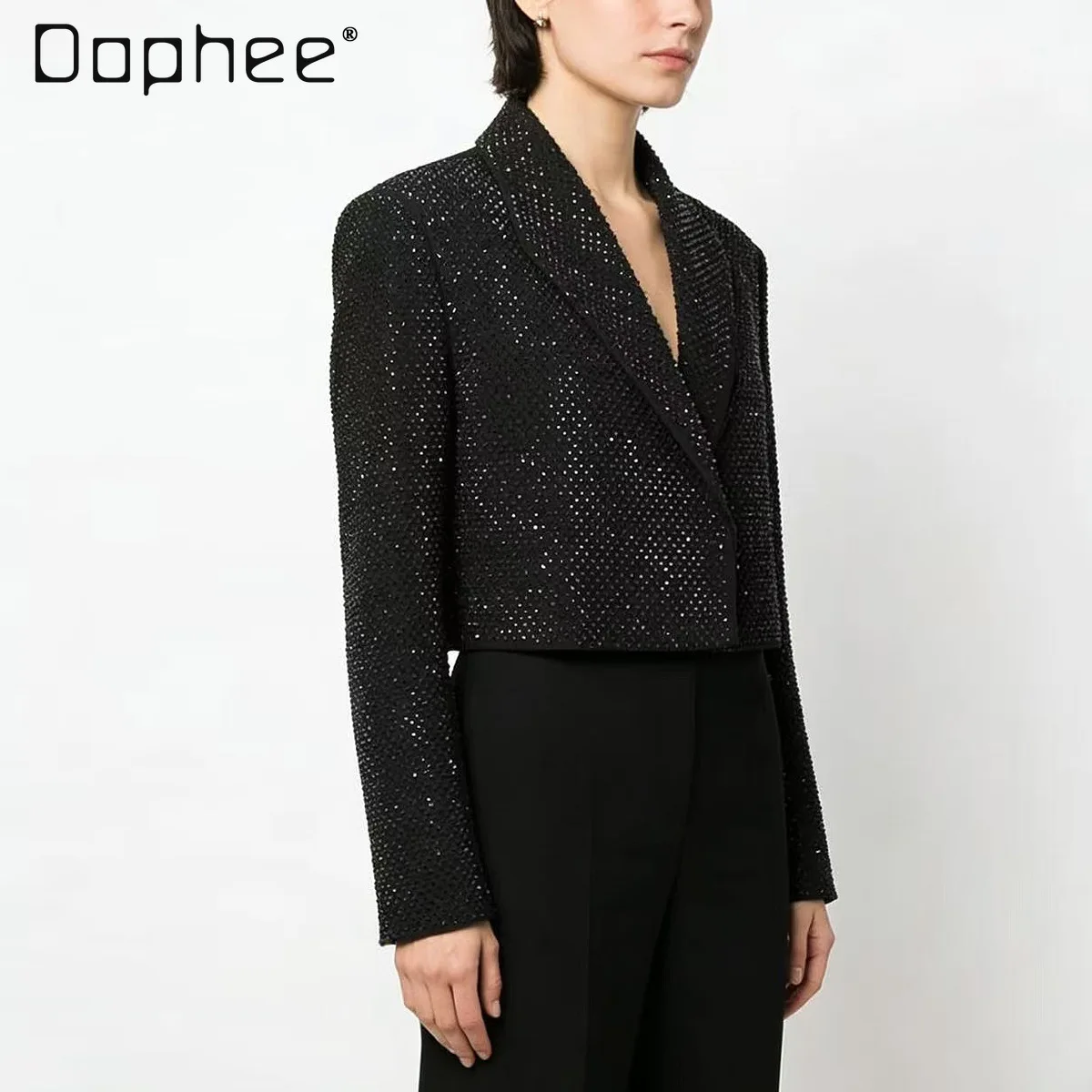 

Весна и осень 2026, новый прочный универсальный утягивающий блейзер со стразами, женский высококачественный элегантный короткий пиджак с перекрестным воротником