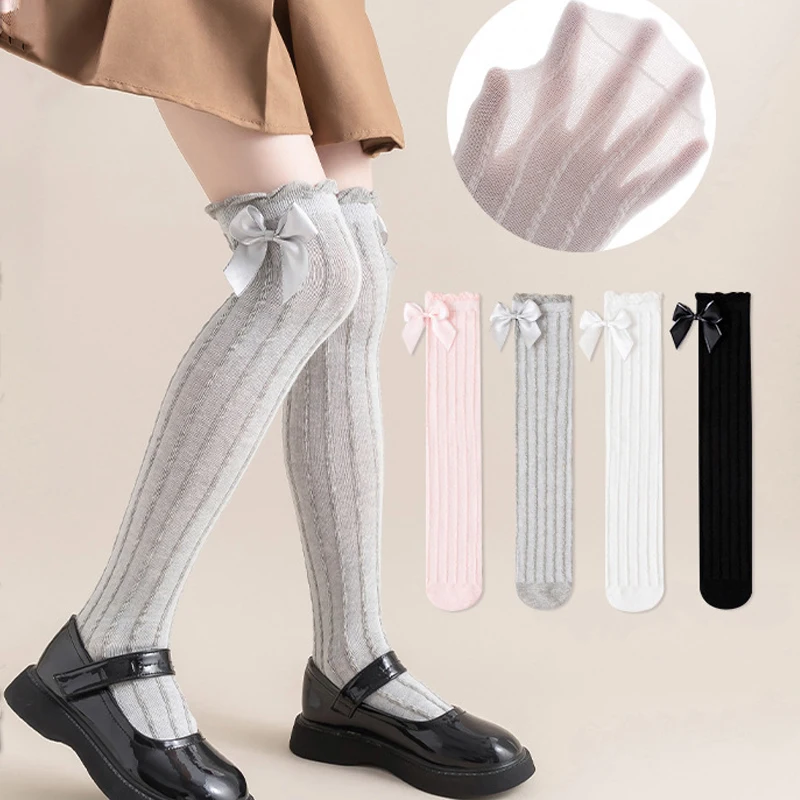 

Sweet Bow Girls Mesh Stockings Summer Princess Kids Over Knee Socks Solid Color Children Long Sock 3-12Year Baby Cotton Footwear