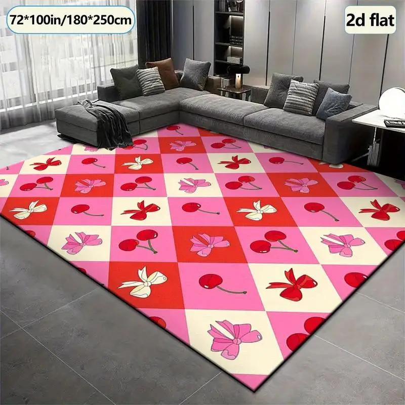 1 Piece Diamond Checkered Cherry Bow Pattern Carpet, Soft and Comfortable, Suitable for All Seasons, Lightweight and Easy to Care For, Suitable for Living Room, Bedroom, Balcony, Home Decor, Room Decoration, Winter, Autumn