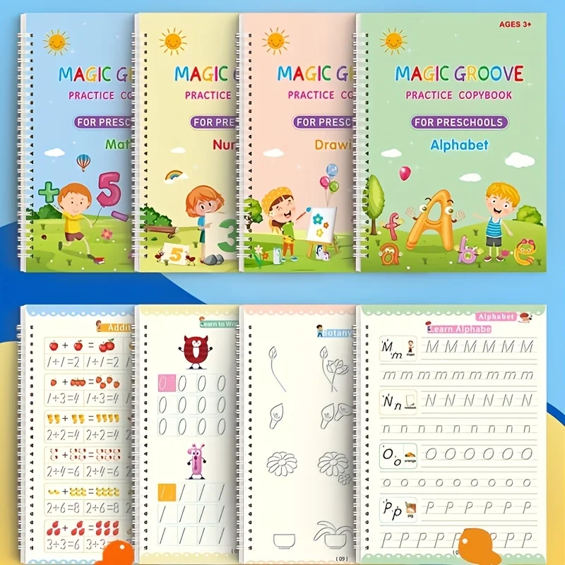 4-piece Large Reusable Handwritten Exercise Book Comfortable Tracking Visual Single Character Groove Magic Exercise Book Set