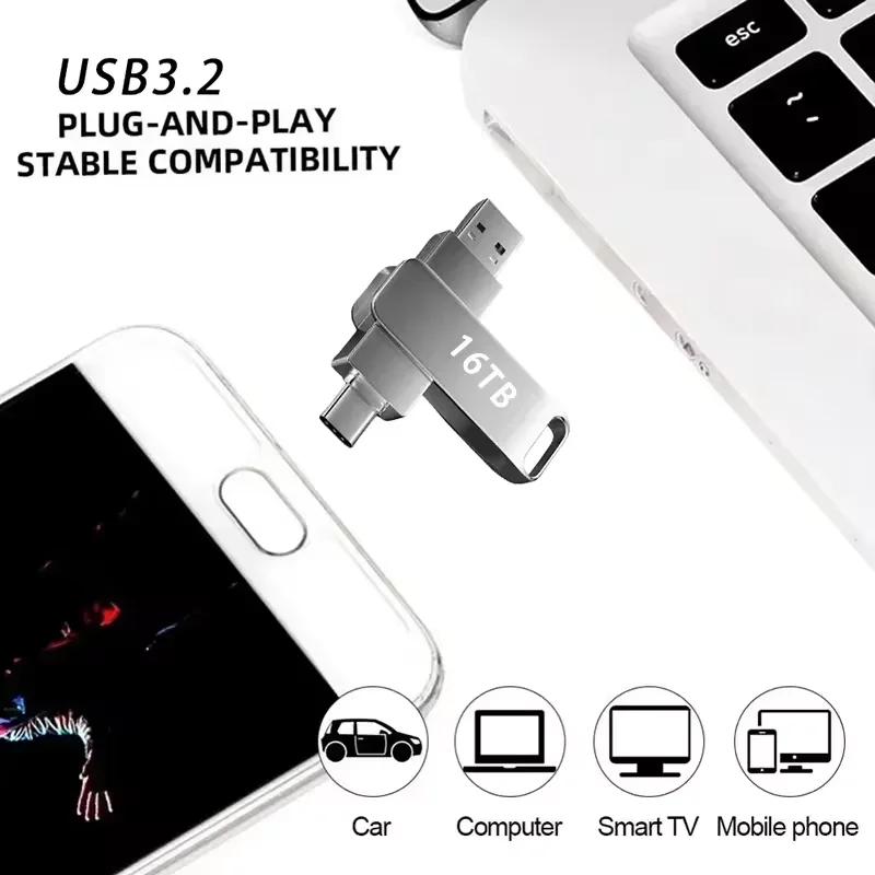 16TB USB 3.2 Flash Drive  2 in 1  High Speed Metal Pendrive Waterproof Type C Memory Stick for Phone Laptop Data Transfer