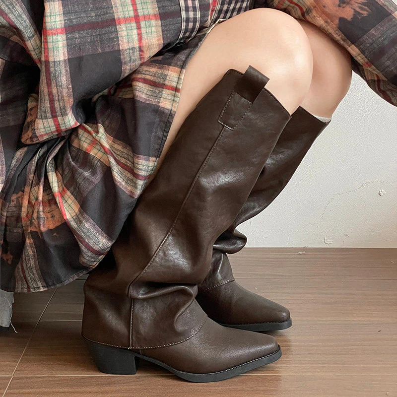 Autumn Winter Slip On Women Western Cowboy Boots Fashion Pointed Toe Shoes Ladies Concise Block Heel Pants Tube Long Booties