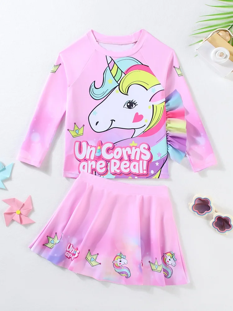 

Детский купальник для девочек, новинка 2026 года, розовый детский купальник с длинными рукавами и рисунком, летняя короткая юбка из двух предметов, пляжная одежда, купальные костюмы