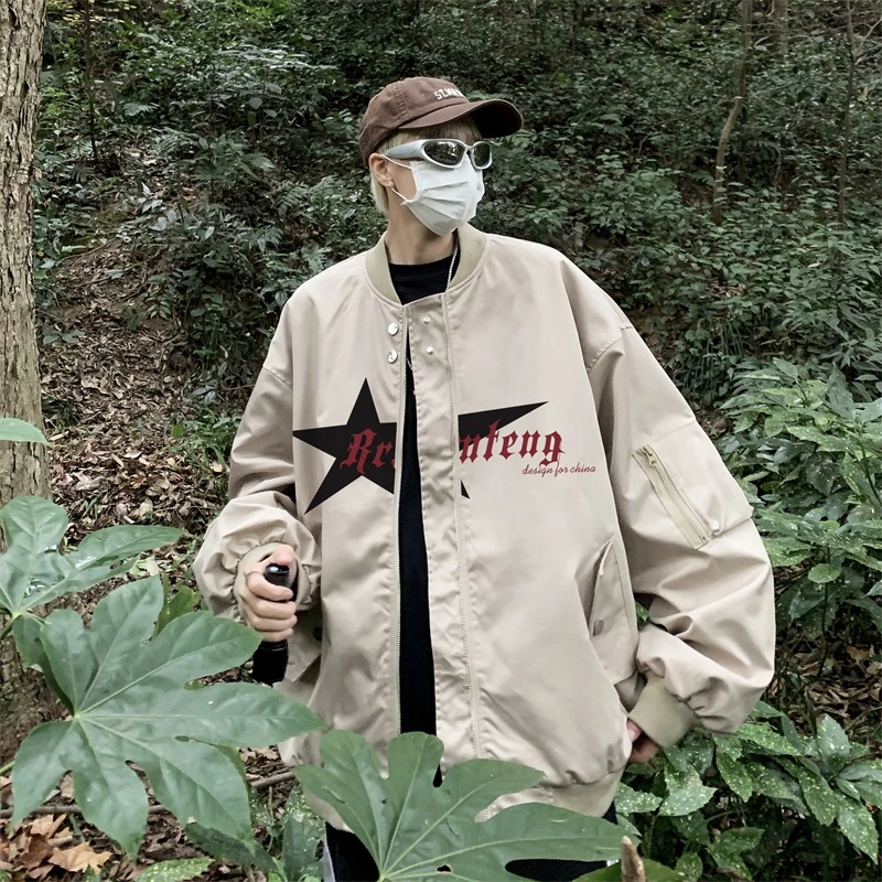 

Мужская повседневная куртка-бомбер в американском стиле, свободного кроя, весенне-осенняя, модная, молодежная, с декоративной молнией, в стиле рабочей одежды