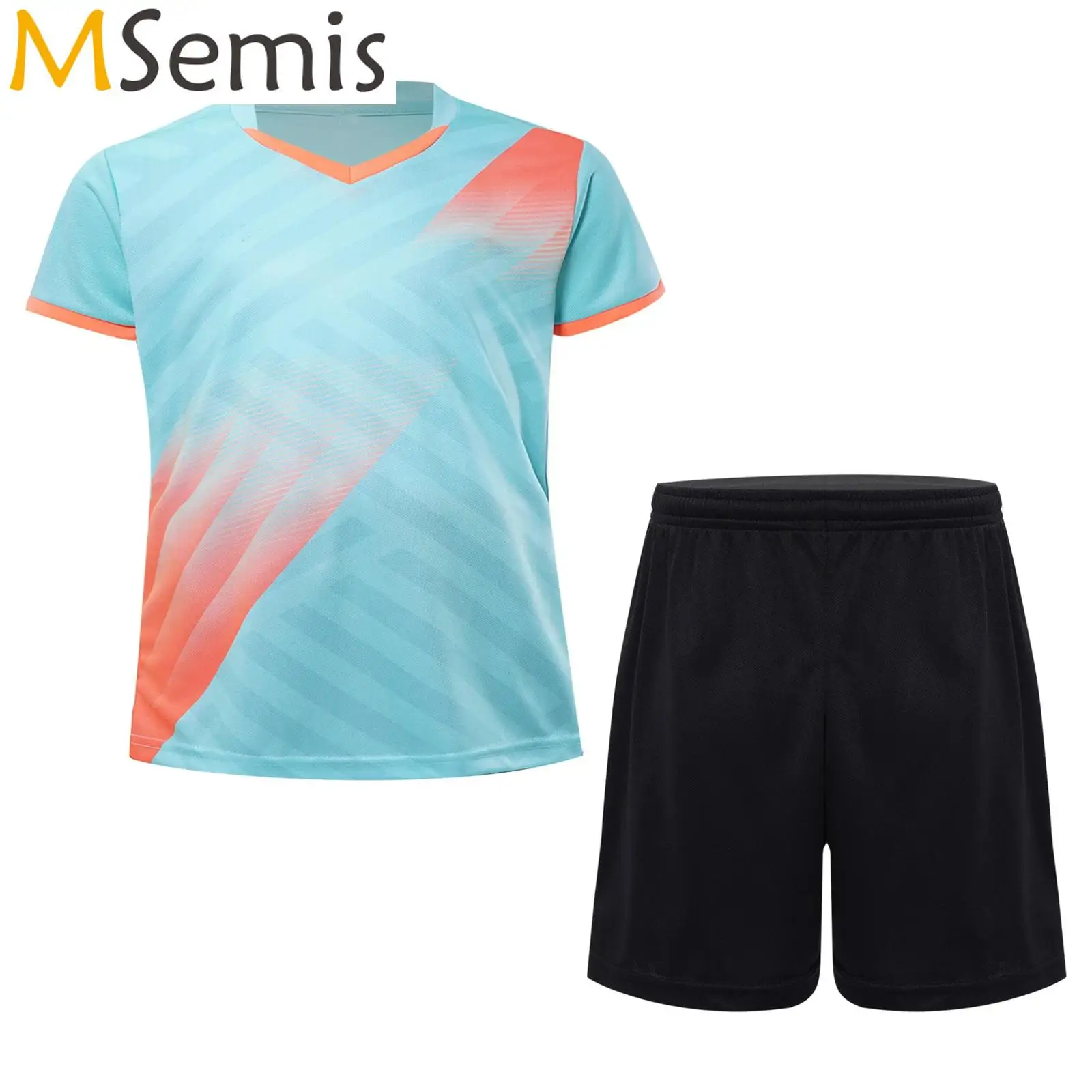 

Kids Boys Quick-Drying Sports Set Tracksuit Football Basketball Training Outfit Graphic Print T-shirt with Drawstring Shorts