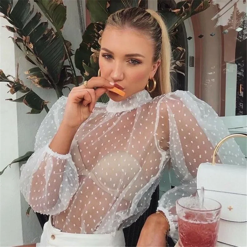 Summer Sexy Women Polka Dot Mesh Sheer See-through Tops Bikini Cover-Ups Puff Long Sleeve Blouse Shirts Beachwear Loose Top