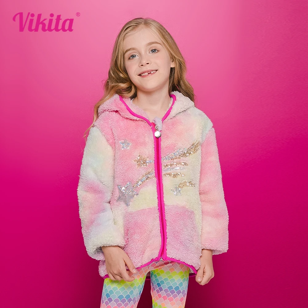 VIKITA Girl Autumn Spring Clothes Children Fleece Jacket Kids Star Sequined Wool Sweater Coat Jackets Children Clothing 3-12 Yrs