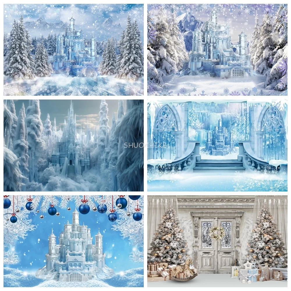 

Winter Castle Photography Backdrop Forest Ice Frozen World Winter Wonderland Party Christmas Tree Baby Birthday Photo Background