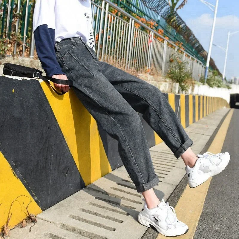 جينز نسائي عالي الخصر للتخسيس من قماش الدنيم على الطراز الكوري للارتفاع متعدد الاستخدامات للطالب مستقيم الساق جديد ربيع الخريف هارلان أبي لون #1