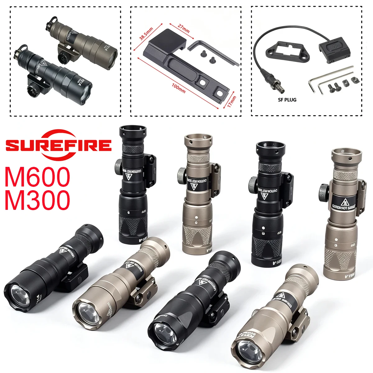 Airsoft Tactical SF M600 M300 Weapons Flashlight Hunting Scout Light Offset Mount 20mm Rail Pressure Switch