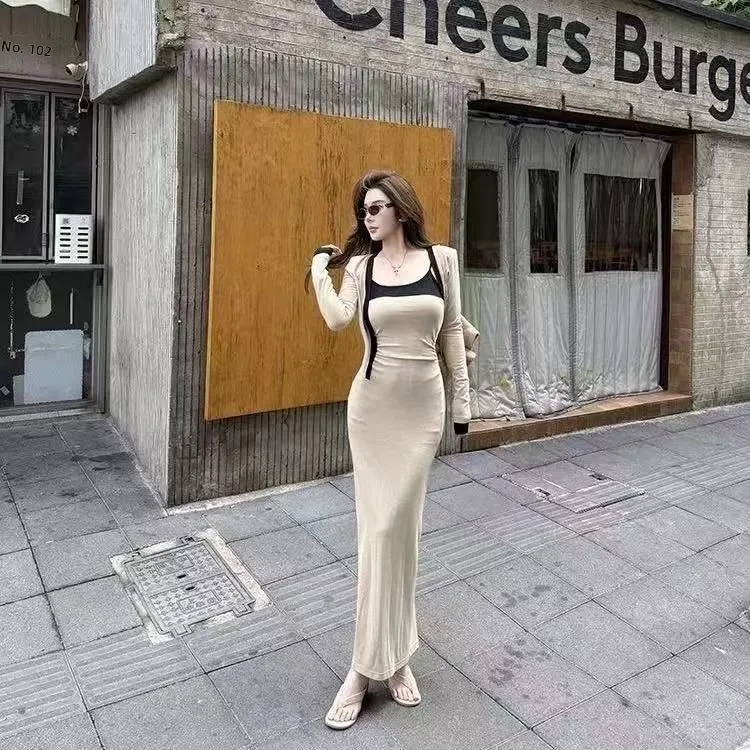 

Women's Pure Desire Loose Color Block Long Sleeve Open Cardigan Top Slim Fit Strap Dress Two Piece Set Early Autumn New Style