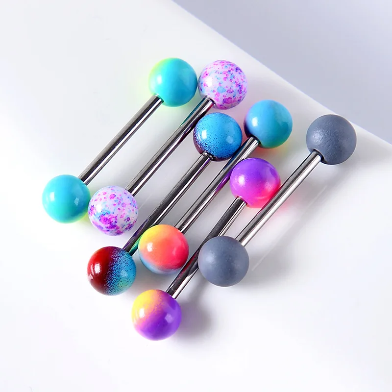 18pcs 14G Colorful Ball Tongue Rings Stainless Steel Barbell Tongue Straight Ring Retainer Nipple Ring Bar Length 16mm For Women