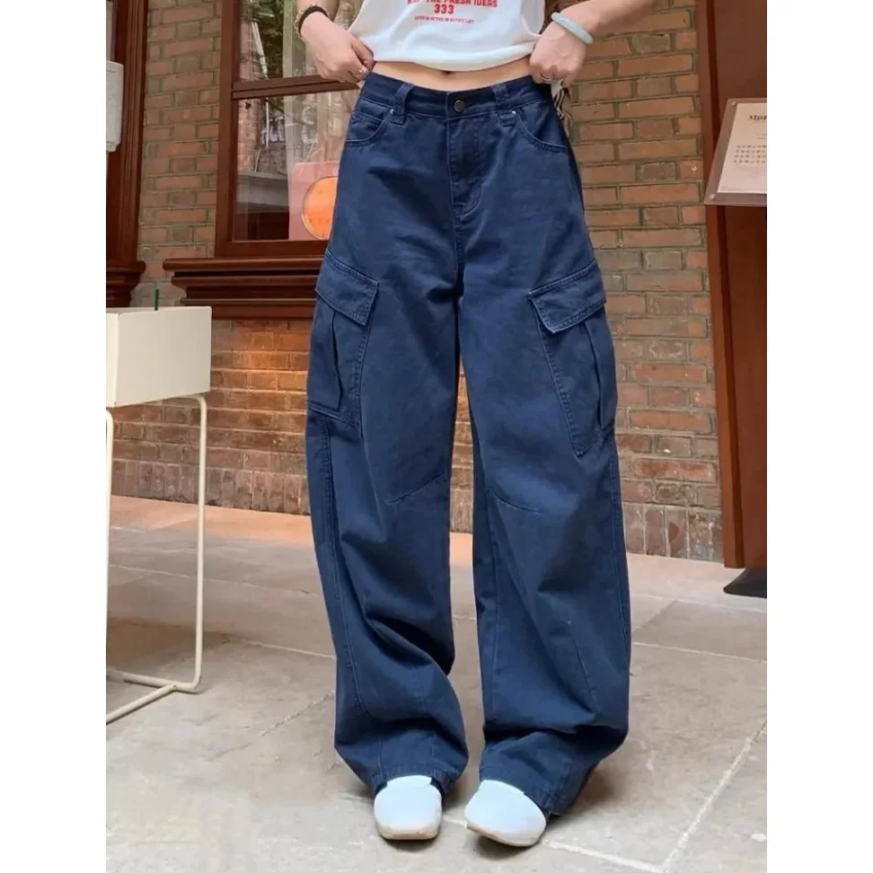 

Women's Navy Blue Multi-Pocket Safari Style Pants American High Street Summer Design Straight Loose Slim Casual Trousers Trendy
