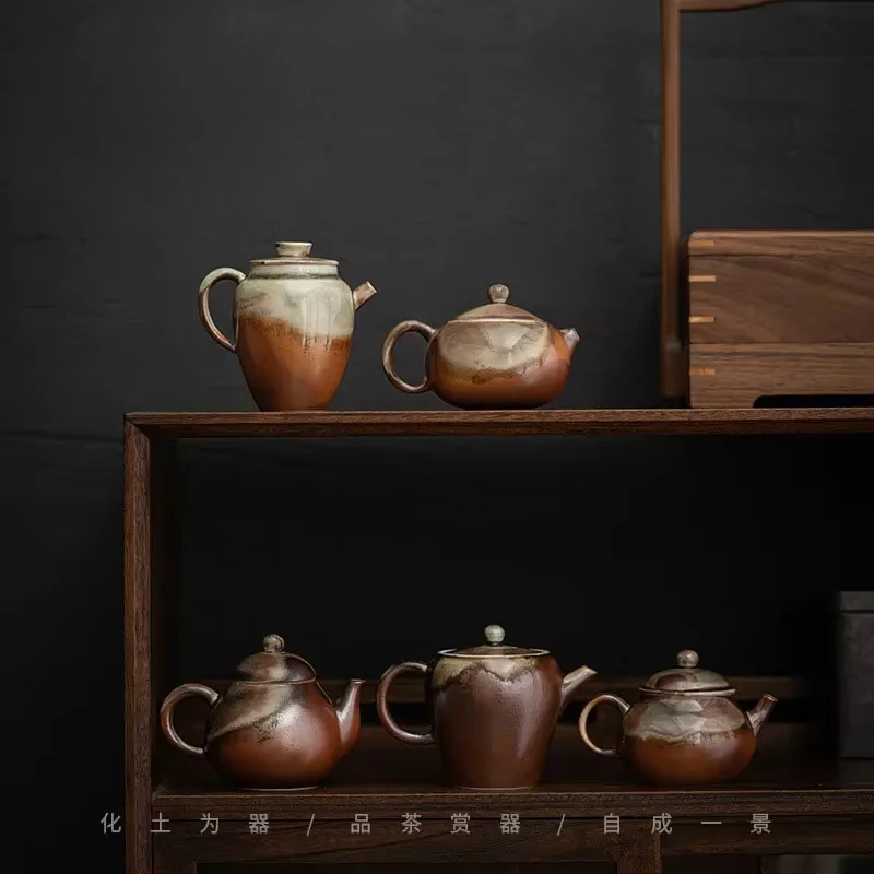 Retro Firewood Glaze Ceramic  Teapot Kiln Change Hand Holding Pot Tea Maker Kettle with Ball Hole Filter Kung Fu Tea Set Gifts