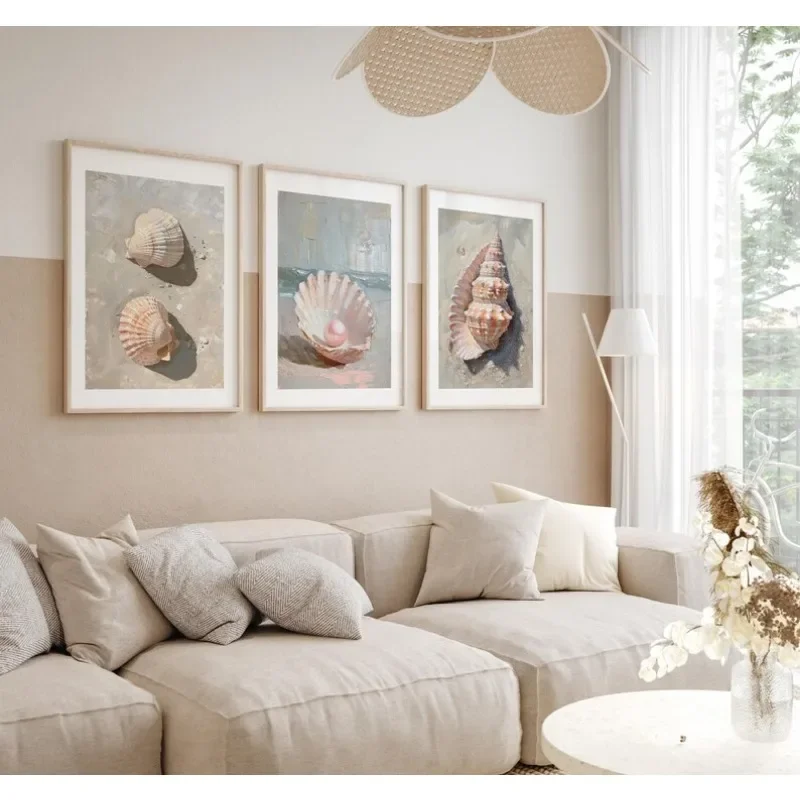 Pink Pearl Seashell Starfish Coast Beach Wall Art Poster Girly Summer Trendy Wall Art for Living Room Home Decor Canvas Painting