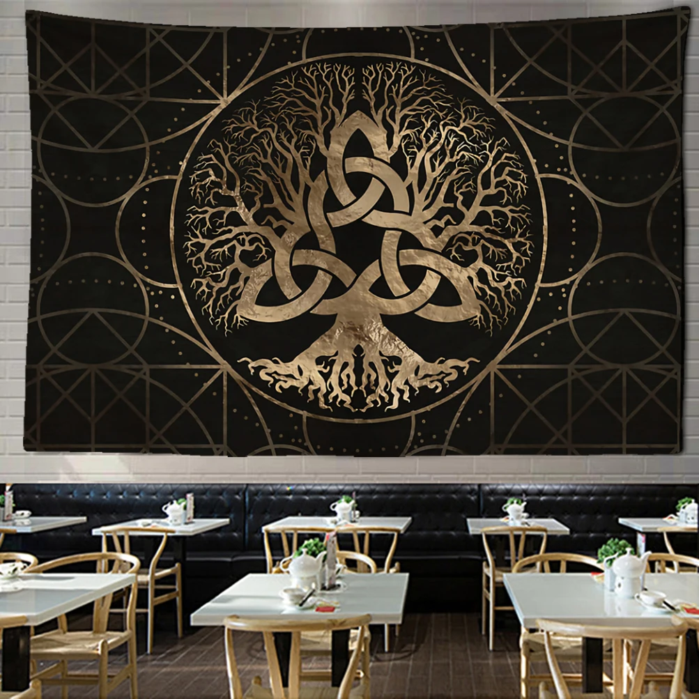 VIKAMA Tree of Life Tapestry Black Background with Gold Celtic Geometric Patterns Dining Room Bedroom Entryway Decor