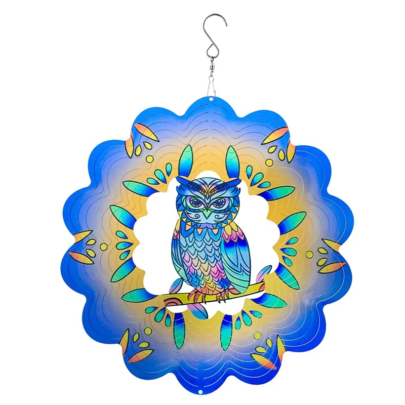 

3D Wind Spinner Blue Owl 12Inch Garden Laser Cut Hanging Wind Spinners Metal Kinetic Yard Art Deco Indoor/Outdoor Decor Durable