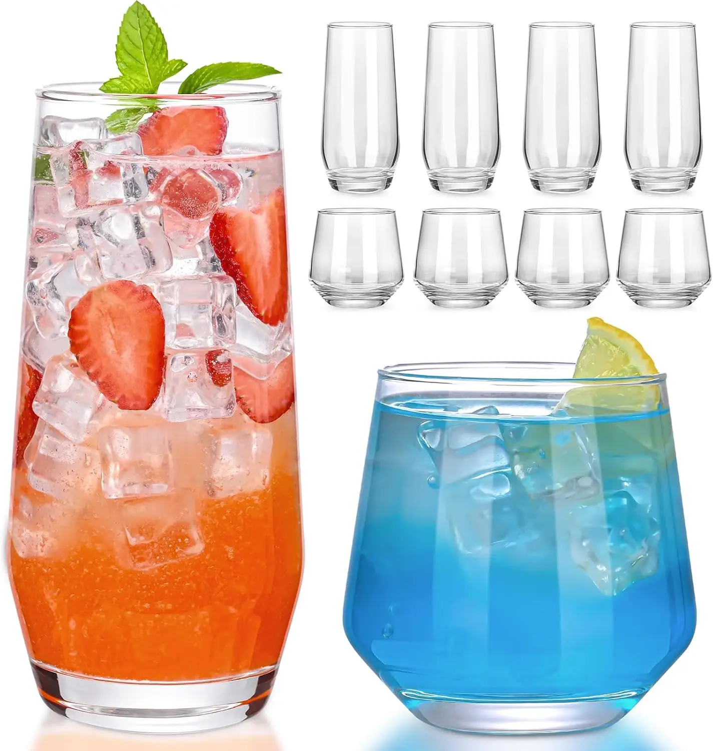 

Set of 8 Crystal Clear Drinking Glasses, 13oz & 18oz, for Beer, Cocktail, Whiskey, Juice and Mixed Drinks